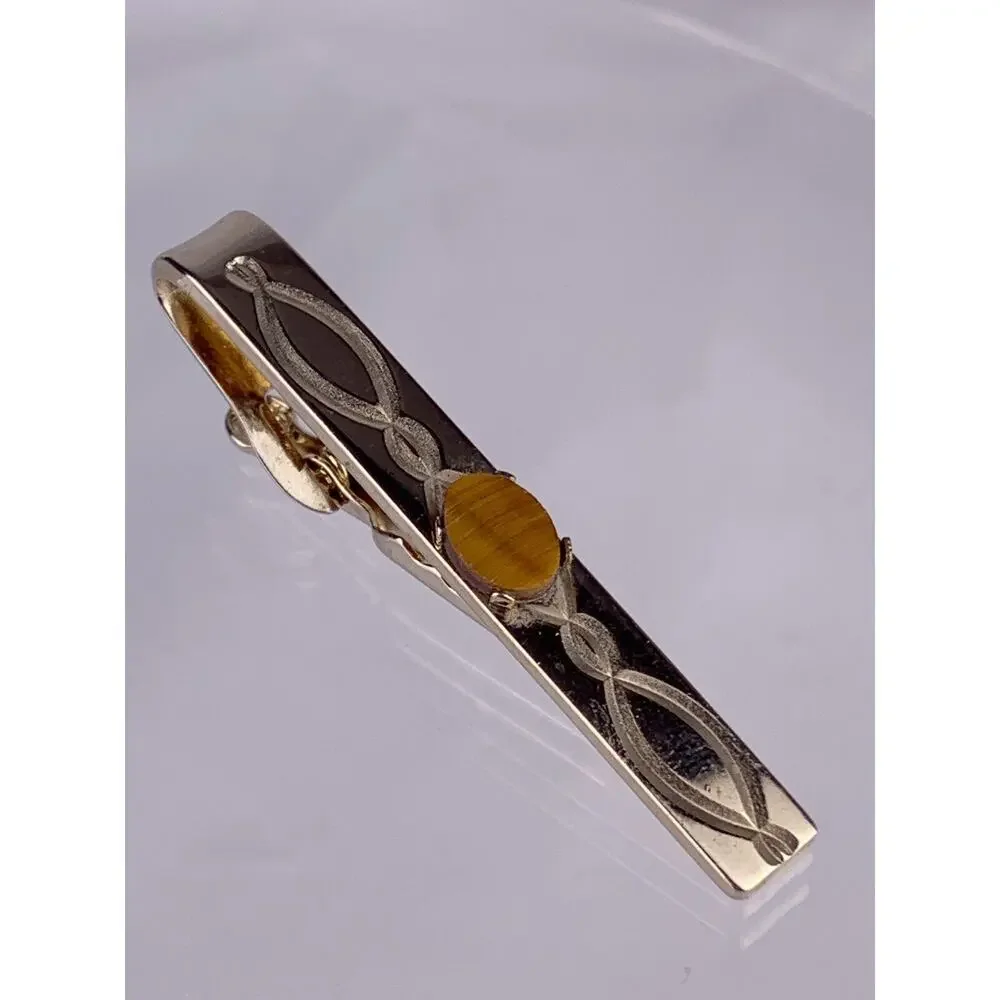 Dante Tigers Eye Gold Tone Tie Clip Bar Twist Loop Scroll Oval Vintage K1